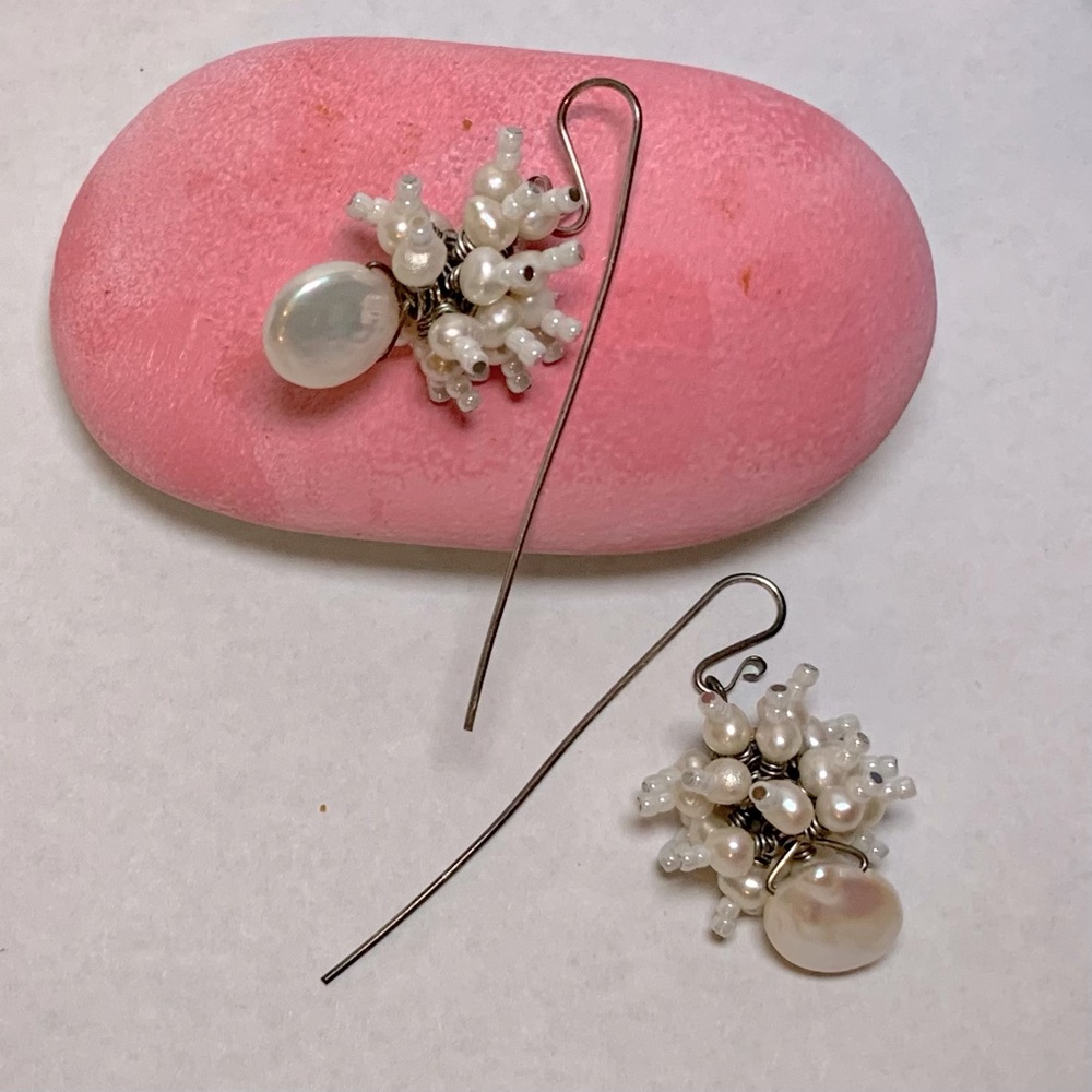 Earrings - fresh water pearl, post-modern, silver, unique